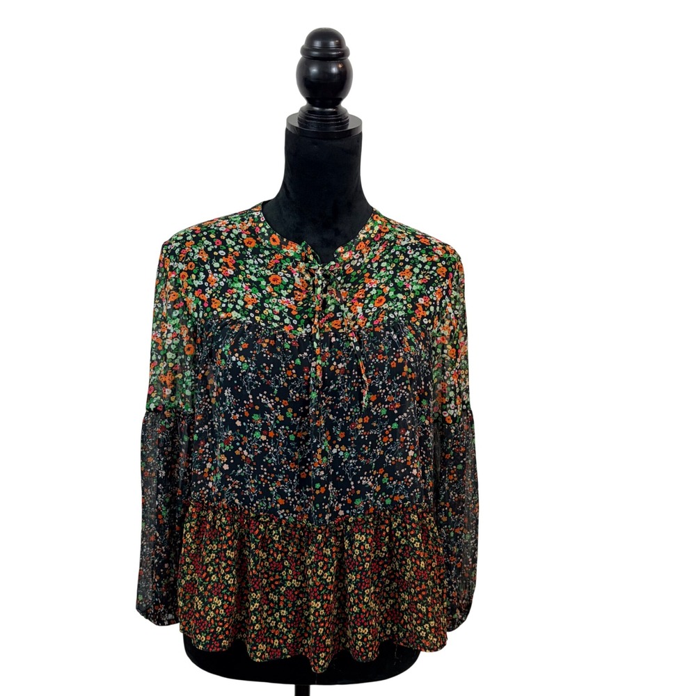 MNG Mango Women's S Black Floral Tiered Blouse Lace‎ Up Front Patchwork Sheer
